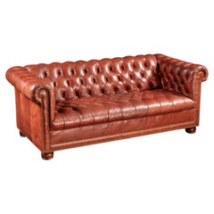 Full-Grain Leather Tufted Chestefield Sofa in Burnt Red