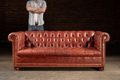 Full-Grain Leather Tufted Chestefield Sofa in Burnt Red