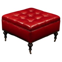 Vintage Tufted Leather Rolling Ottoman Trunk in Red