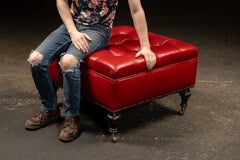 Vintage Tufted Leather Rolling Ottoman Trunk in Red