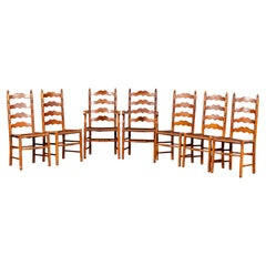 Set Of Seven Mid-Century French Country Ladder Back Chairs with Rush Seats