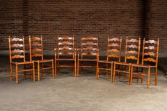 Set Of Seven Mid-Century French Country Ladder Back Chairs with Rush Seats