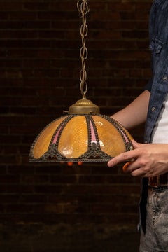 Antique Amber and Rose Stained Slag Glass Hanging Lamp