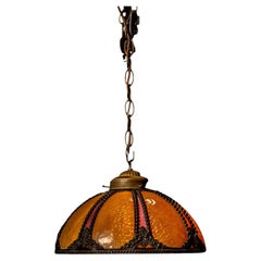 Antique Amber and Rose Stained Slag Glass Hanging Lamp