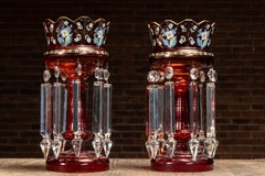 Pair of 19th Century Bohemian Ruby Glass Mantle Lusters with Prisms