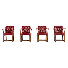 Set Of Four Tufted Leather Bankers Chairs in Red