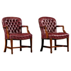 Pair of Tufted Leather Round-Back Dining Chairs in Burgundy