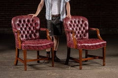 Pair of Tufted Leather Round-Back Dining Chairs in Burgundy