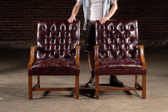 Pair of Tufted Leather Square-Back Dining Chairs in Oxblood