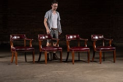 Set Of Four Nailhead Trim Barrel-Back Leather Armchairs in Oxblood