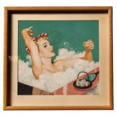 Original Framed Patterson Pin-Up Girl in Bath Painting; Signed