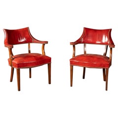 Pair of Brass Nailhead Leather Captain’s Armchairs in Burnt Orange