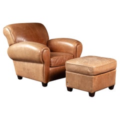 Leather Club Chair with Ottoman in Beige by Preston Hill
