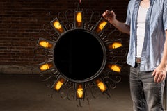 Vintage Spanish Revival Wrought Iron Sunburst Mirrored Light Fixture
