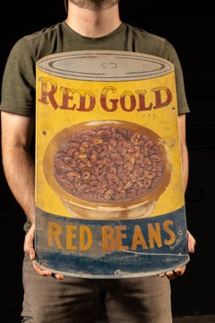 Mid-20th Century American Hand-Painted Red Gold Red Beans Advertising Sign
