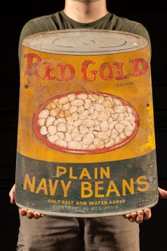 Mid-20th Century American Hand-Painted Red Gold Navy Beans Advertising Sign