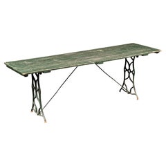 Weathered Green Farmhouse Trestle Table with Cast Iron Base