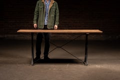 Early Industrial Oak Plank Table with Cast Iron Machine Base