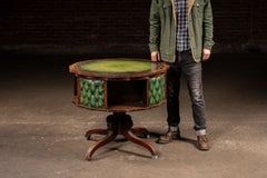 Victorian Revolving Séance Table with Green Leather Top and Tufted Base