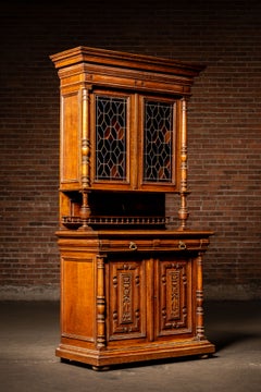 Late 19th Century Renaissance Revival Oak Sideboard Hutch with Leaded Glass