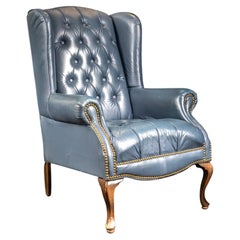Vintage Tufted Leather Chesterfield Armchair in Powder Blue
