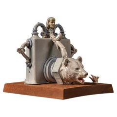 David T. Keyes Glazed Ceramic Bear and Bird Sculpture