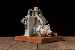 David T. Keyes Glazed Ceramic Bear and Bird Sculpture