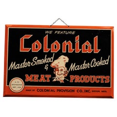 Insegna commerciale vintage in latta della Vintage Colonial Meat Products