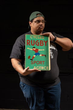 Vintage Handpainted Enamel Double-Sided Rugby Flange Sign