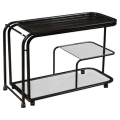 Vintage Modernist Glass and Black Steel Expandable Swivel Bar Cart