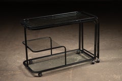 Vintage Modernist Glass and Black Steel Expandable Swivel Bar Cart