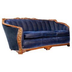 Vintage French Provincial Style Blue Velvet Sofa with Carved Wood Frame