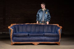 Vintage French Provincial Style Blue Velvet Sofa with Carved Wood Frame