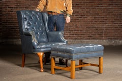 Vintage Blue Leather Chesterfield Wingback Chair and Ottoman