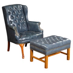Vintage Blue Leather Chesterfield Wingback Chair and Ottoman