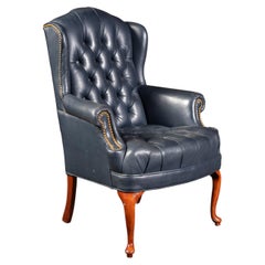 Vintage Dark Blue Leather Chesterfield Style Wingback Chair