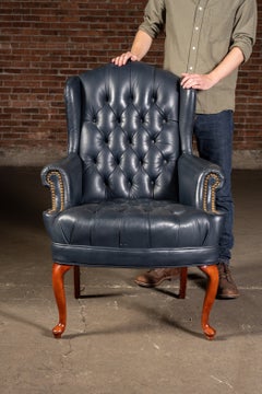 Vintage Dark Blue Leather Chesterfield Style Wingback Chair