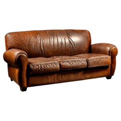 Vintage Distressed Brown Leather Three-Seat Club Sofa