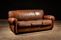 Vintage Distressed Brown Leather Three-Seat Club Sofa