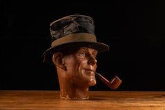 Vintage Painted Mannequin Bust with Antique Top Hat and Smoking Pipe