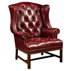 Vintage Tufted Leather Chesterfield Wingback Armchair in Burgundy