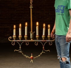 Mediterranean Revival Wrought Iron and Tole Chandelier by Lightolier