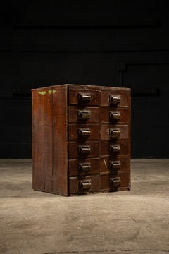 Vintage Industrial Oak Twelve-Drawer Parts Cabinet with Cast Iron Handles