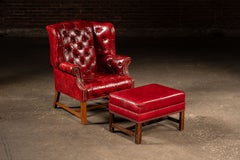Vintage 1970s-1980s Ethan Allen Red Leather Wingback Chair and Ottoman