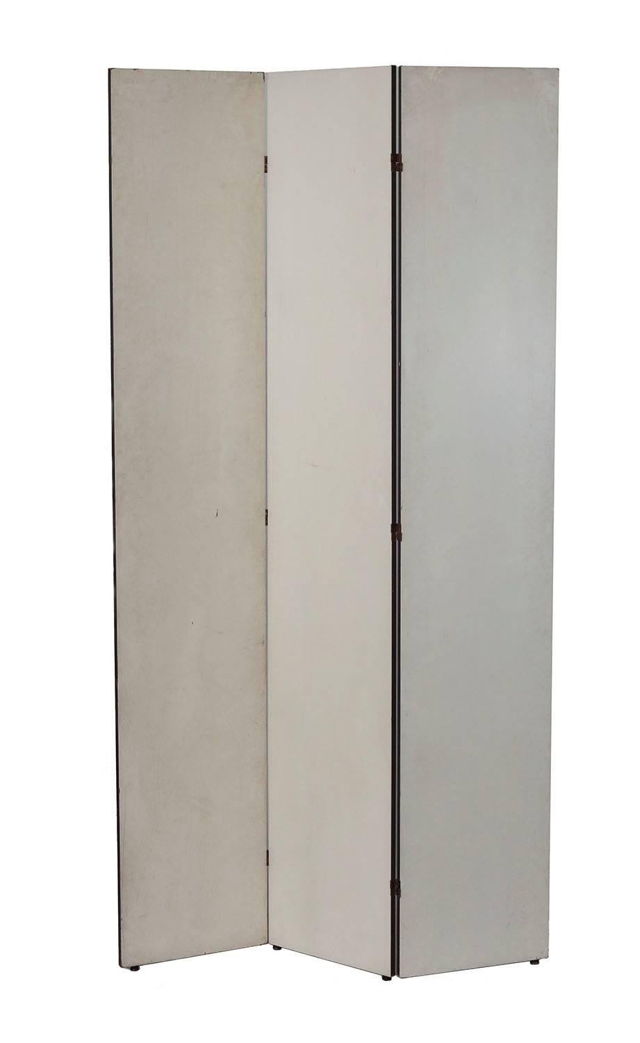 A unique folding screen by Tommi Parzinger with three painted panels in taupe, grey, and off-white, made specifically for his personal office.

Tommi Parzinger (1903-1981) was a German furniture designer and painter. Born in Munich, he later moved
