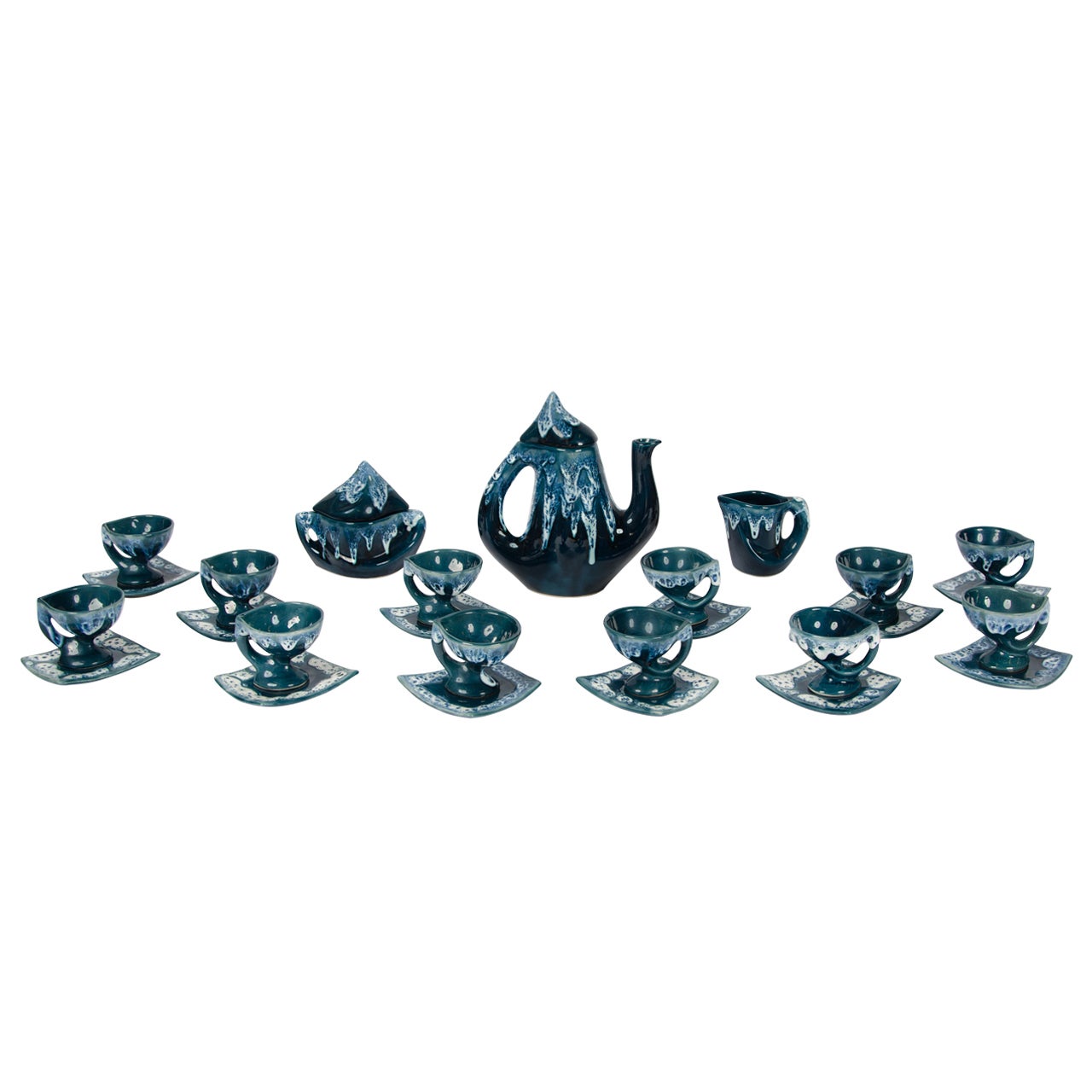 Rare 1960s Vintage Vallauris Dark Blue Pottery Ceramic 15 Pieces Coffee Set    For Sale