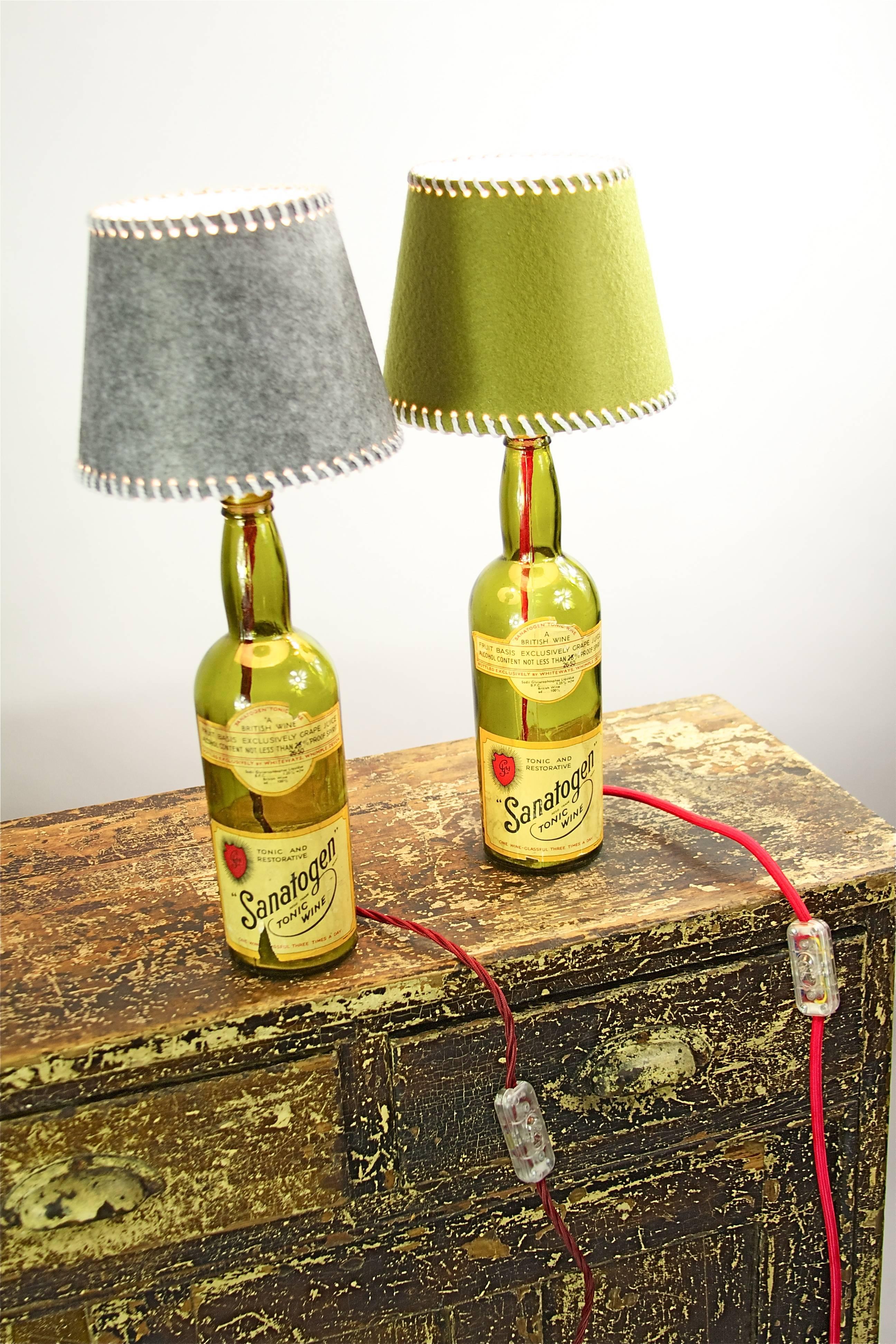Pair of 1940s Sanatogen Vintage Handmade Rustic Style Glass Bottles Table Lamps  4