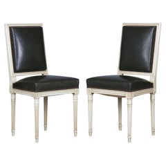 Antique French Louis XVI Style Painted Side Chairs/ W Dark Green Leather- A Pair