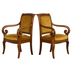 Antique French Louis Philippe Style Walnut Armchairs W/ Yellow Velvet - A Pair