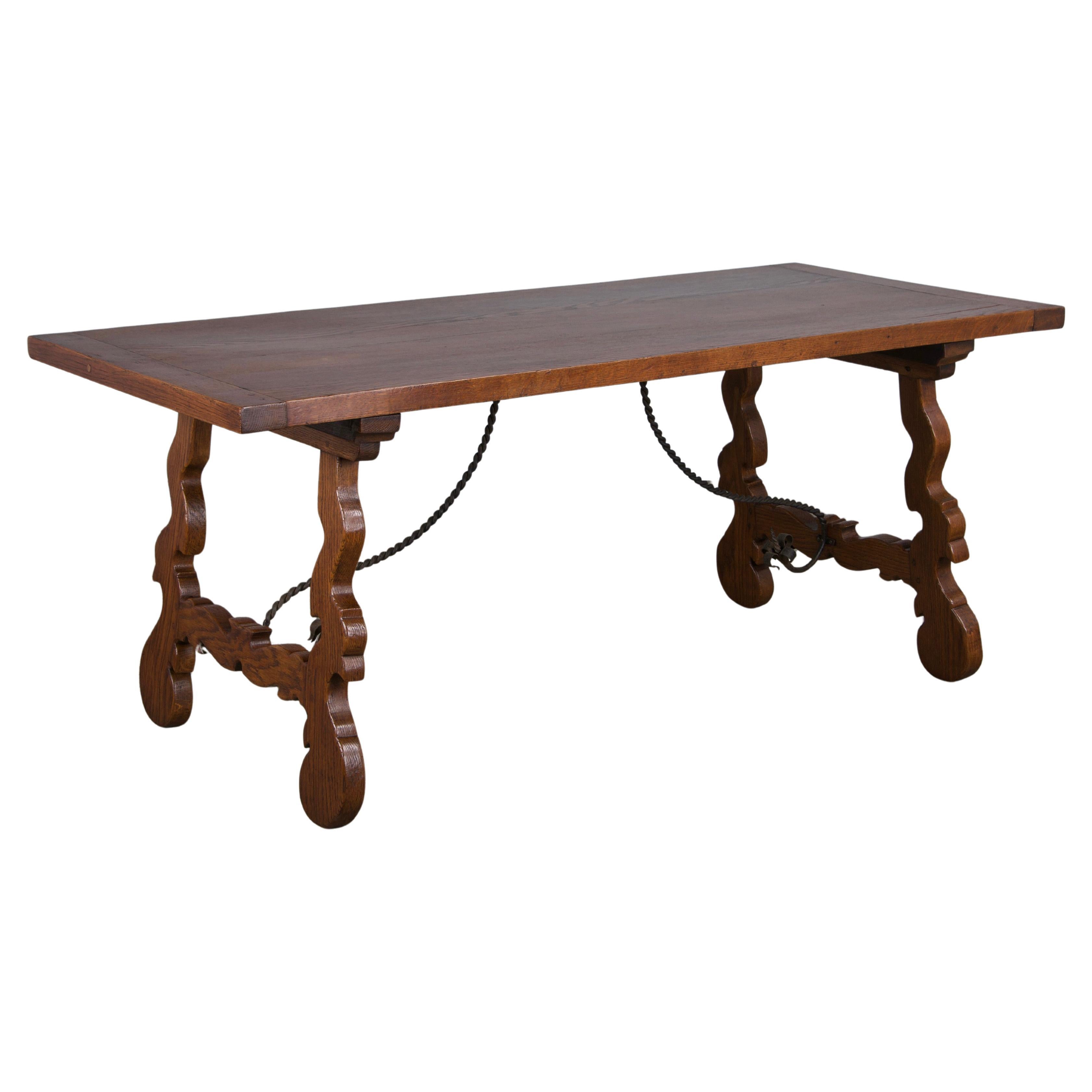 Antique Spanish Baroque Style Oak Dining Table W/ Wrought Iron Stretcher